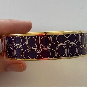 COACH Yellow Gold Purple Amethyst Enamel Metal Wide Bangle Bracelet